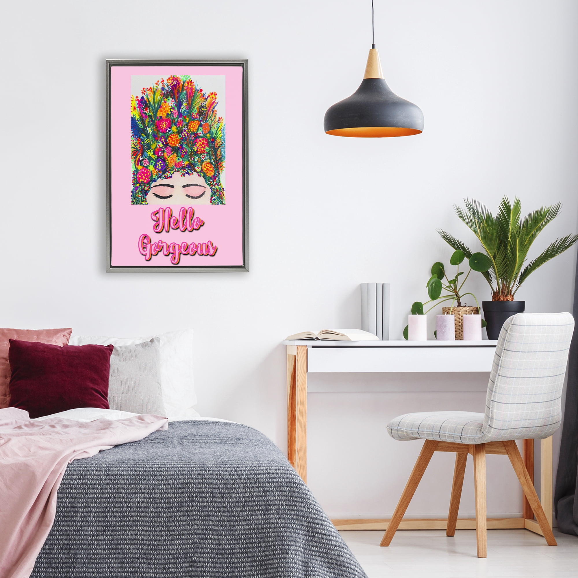 Stupell Industries Hello Gorgeous Floral Woman Gray Framed Floater Canvas Wall Art, design by Pooja Dave