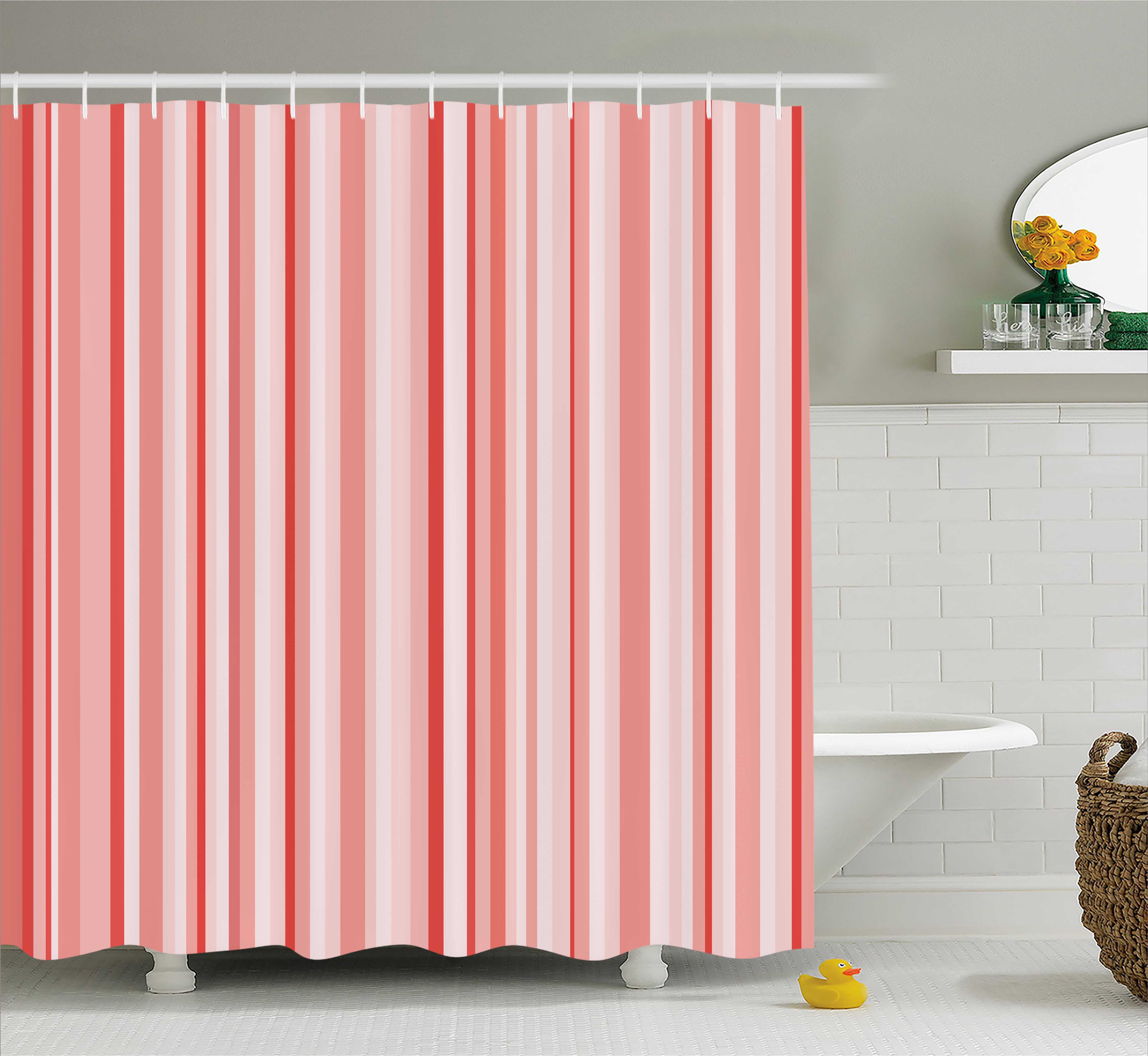 Coral Shower Curtain, Vertically Striped Retro Pattern in Soft Colors