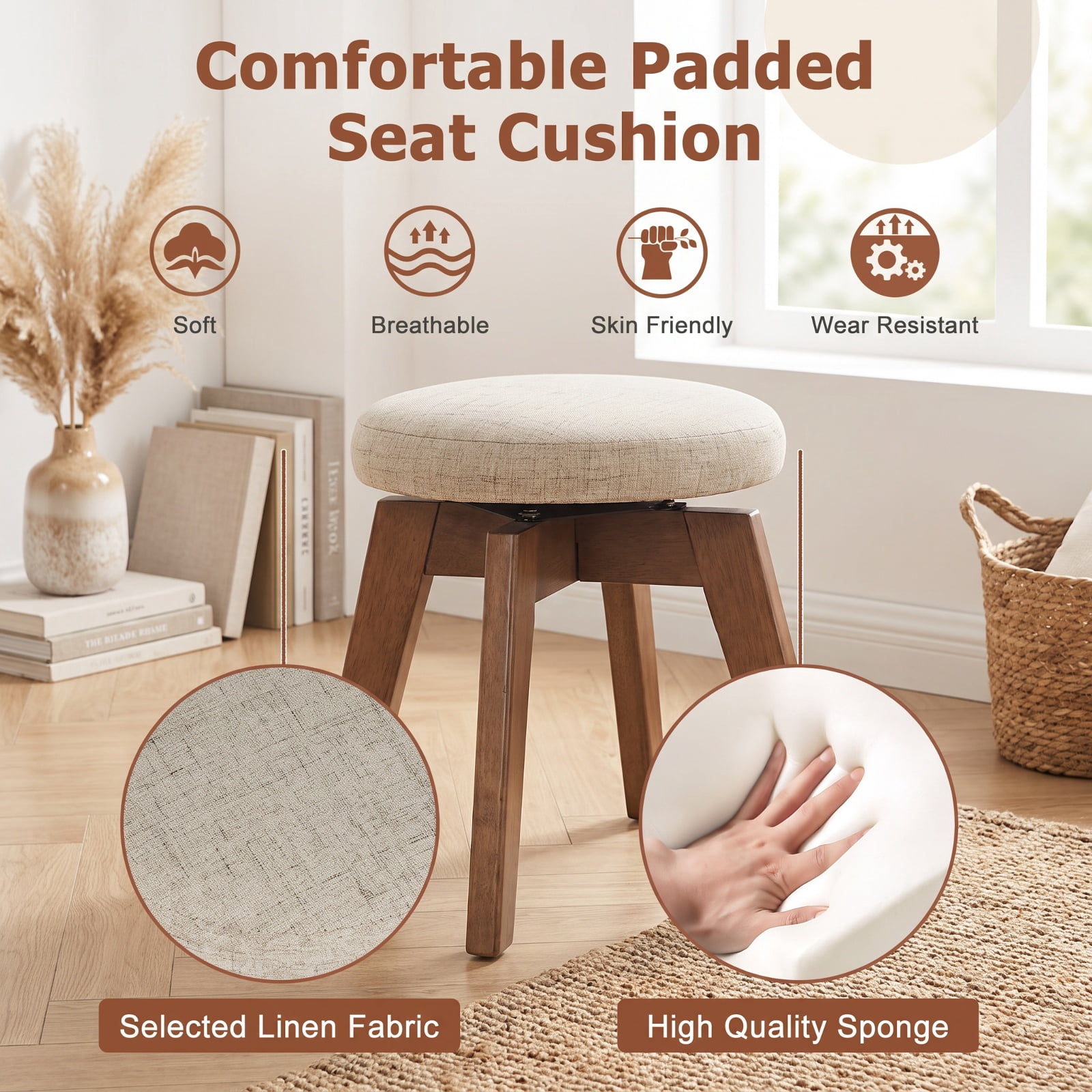 Furnibear 2 Pieces 26 Inch Backless Swivel Barstools with Linen Fabric Seat for Kitchen Island Counter Bar Pub Dining Home, Beige