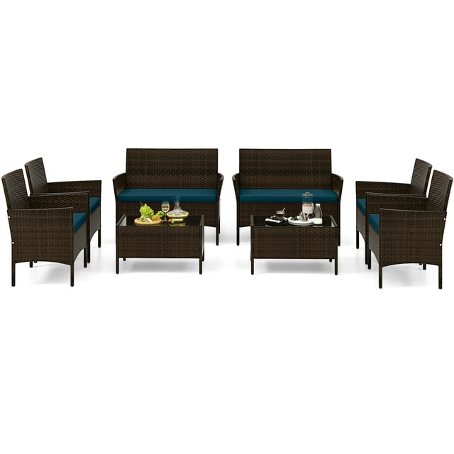 Patiojoy 8 Piece Patio Rattan Conversation Set Outdoor Wicker Furniture Set w/ Chair Loveseat & Tempered Glass Table Peacock Blue