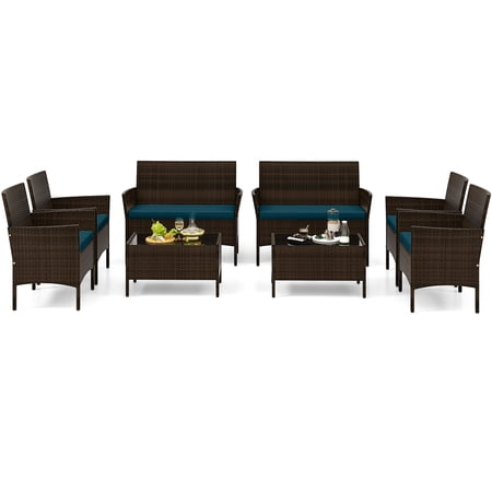 Topbuy 8 Piece Patio Rattan Conversation Set Outdoor Wicker Furniture Set w/ Chair Loveseat & Tempered Glass Table Peacock Blue