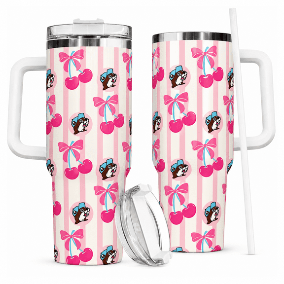 Buc-ee's 40oz Tumbler With Handle, Pink Cherry Coquette Bow Insulated Travel Cup