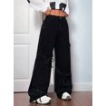 thumbnail image 6 of Women'S Ribbon Tie Detail Utility Style Jeans Casual Straight Wide Leg Denim Trousers Black XS, 6 of 9