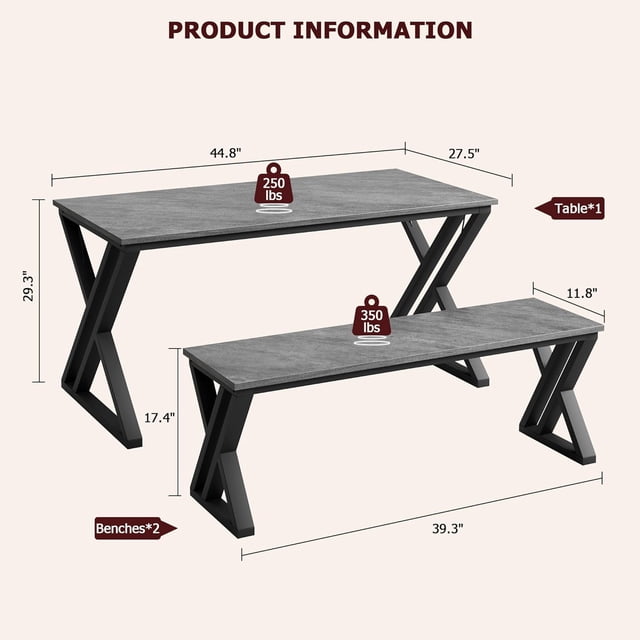 Dining mesa y bench set para 4: rectangular dining room mesa set con sturdy metal frame, space-saving para kitchen, dining room, o apartment (gris)
