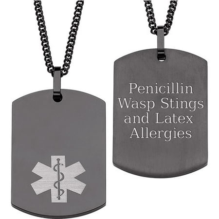 Personalized Men's Black Stainless Steel Medical ID Engraved Dog Tag Pendant, 20