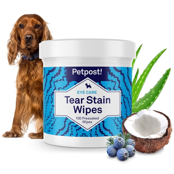 Petpost Tear Stain Remover Wipes - 100 Pre-Soaked Cotton Pads - Gentle Eye Crust Cleanser for White Fur Dogs & Cats - Chemical & Bleach Free