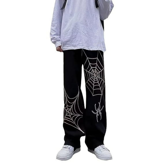 XIAOCHA Mens Trendy Special Spider Web Printed Wide Leg Black Pants Elastic High Waisted Oversized Streetwear Street Pants