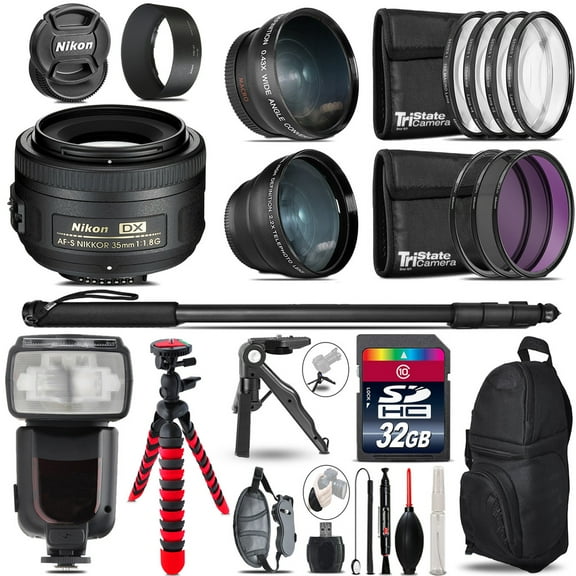 Nikon AFS 35mm 1.8 - 3 Lens Kit + Professional Flash - 32GB Accessory Bundle (International Version)