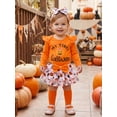 thumbnail image 6 of RUINIXCW Newborn Baby Girl My First Halloween Outfit Infant Girl Fall Clothes Letters Print Long Sleeve Romper Ruffled Skirt Headband Stockings Set, 6 of 10