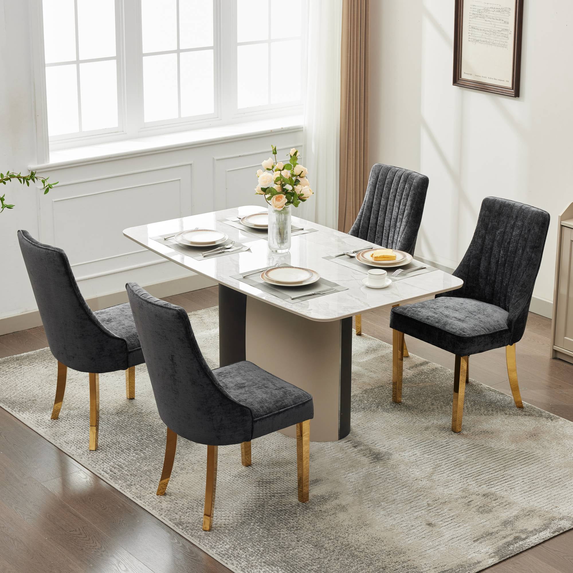 Aukfa Modern Chenille Dining Chairs Set of 2, Upholstered Kitchen Side Chair Accent Chair w/ Golden Steel Legs,Black