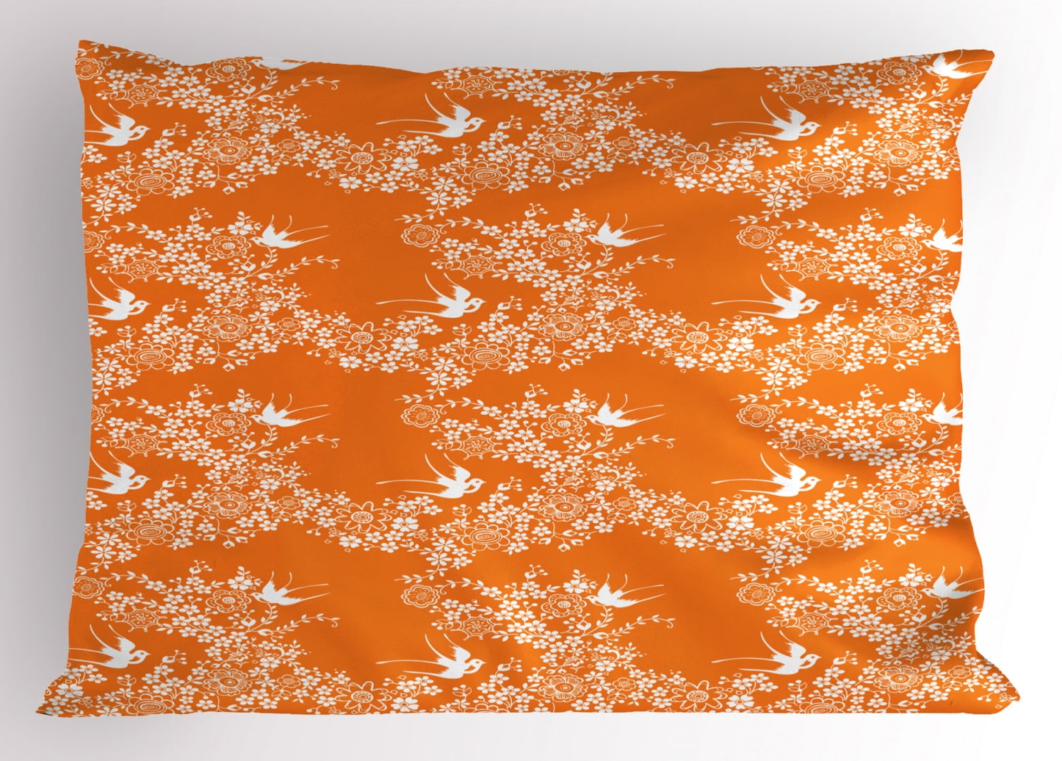 Orange Pillow Sham Asian Style Spring Meadow Pattern with Branches in Full Blossom with Birds Nature, Decorative Standard Size Printed Pillowcase, 26 X 20 Inches, Orange White, by Ambesonne