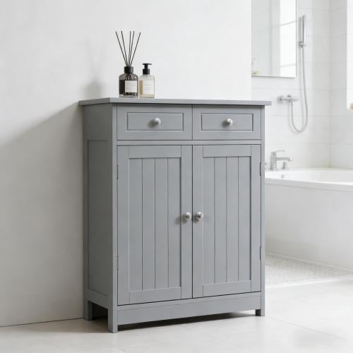 Freestanding Bathroom Storage Cabinet with 2 Drawers & Open Shelf, Slim Floor Organizer, Water-Resistant MDF Accent Cabinet for Bathroom, Entryway, Laundry Room & Living Room, Gray