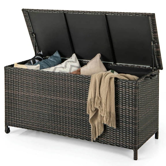 Spaco 85 Gallon Storage Container with Waterproof Liner and Universal Wheels, Storage Box with PE Rattan and Metal Frame for Outdoor, Brown