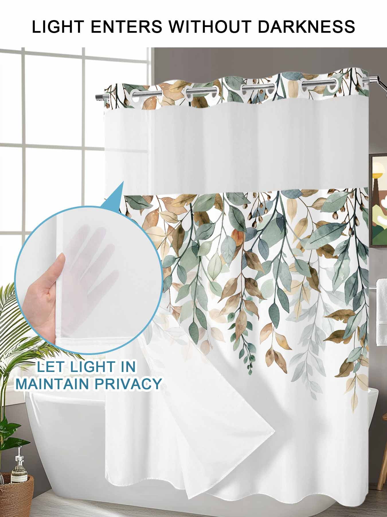 No Hook Shower Curtains with Snap-in Liner Set, Green Brown Botanical Waterproof Hotel Style Bathroom Shower Curtain, Farmhouse Eucalyptus Leaves Breathable Mesh Top Window Bath Curtains 72''x72''