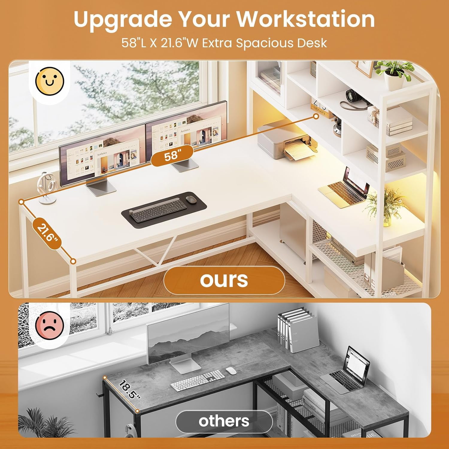 L-Shaped Computer Desk with LED Lights & Hutch, Corner Gaming Desk with 7-Tier Storage Shelves for Bedroom, Save Space, White