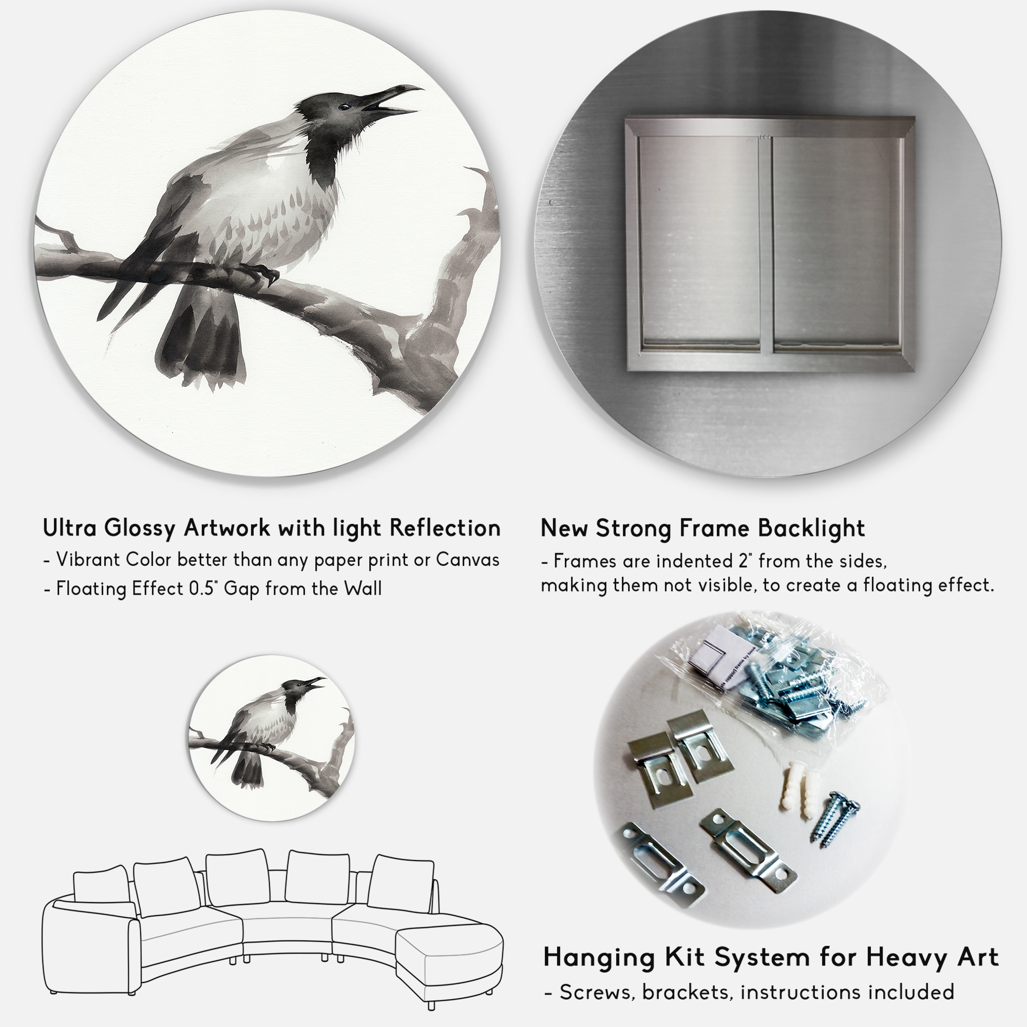 Designart 'Monochrome Crying Crow On A Branch' Traditional Circle Metal Wall Art 29x29 - Disc of 29