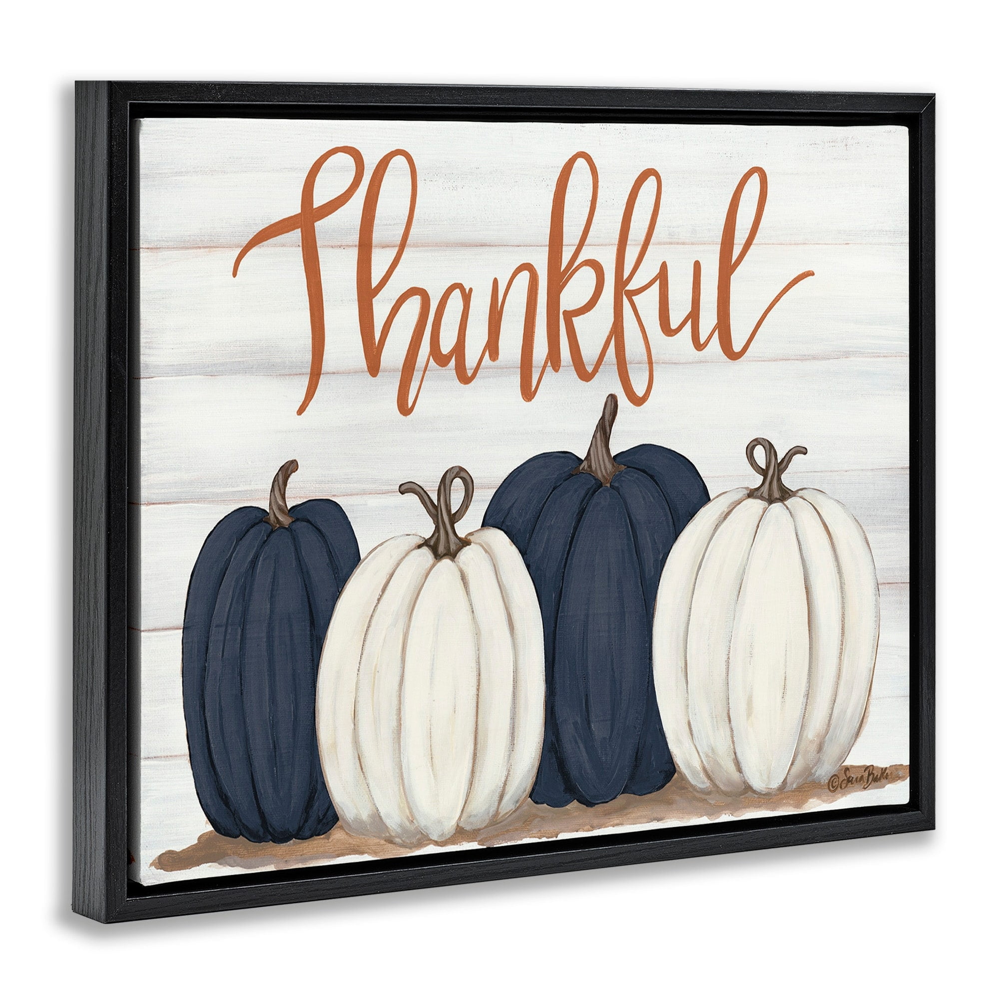 Stupell Industries Autumn Farm Pumpkin Harvest with Thankful Phrase Jet Black Framed Floating Canvas Wall Art, 16x20, by Sarah Baker