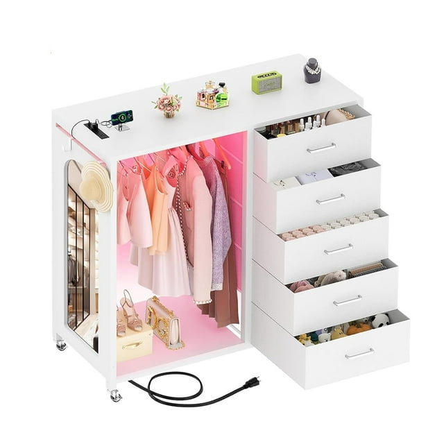 Armario Infantil con Espejo, Guardarropa de Tela Armario Vertical Multiusos, para Dormitorio Estudio o Vestidor, 115x40x115 cm (Blanco)