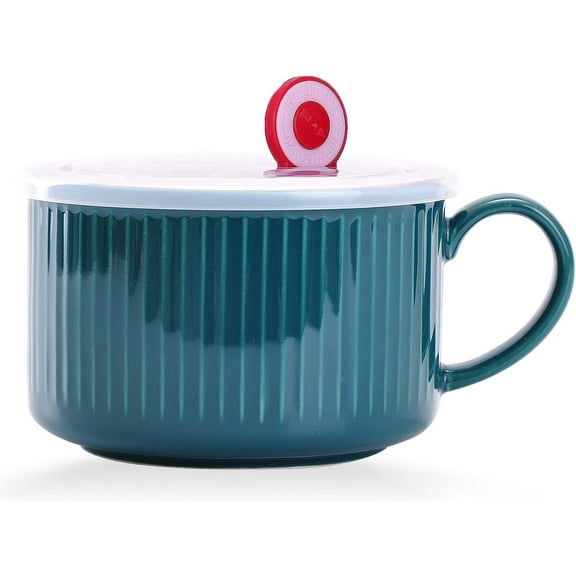 30oz Ceramic Bowl with Lid and Handle for Soup and Instant Noodles Soup Mug, Modern Simple Style, with Heat Preservation Handle - Dark green