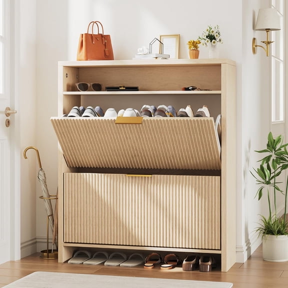 31.5" Fluted Shoe Cabinet, Slim Entryway Organizer with 2 Flip Drawers