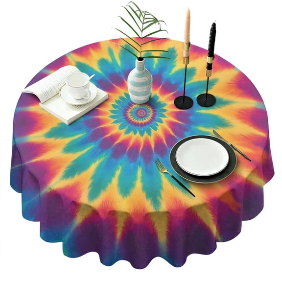 Colorful Tie Dye Mandala Pattern Round Tablecloth 60"x60",Wrinkle Wipeable Table Cloth for Kitchen Dining Room Picnic Patio Party