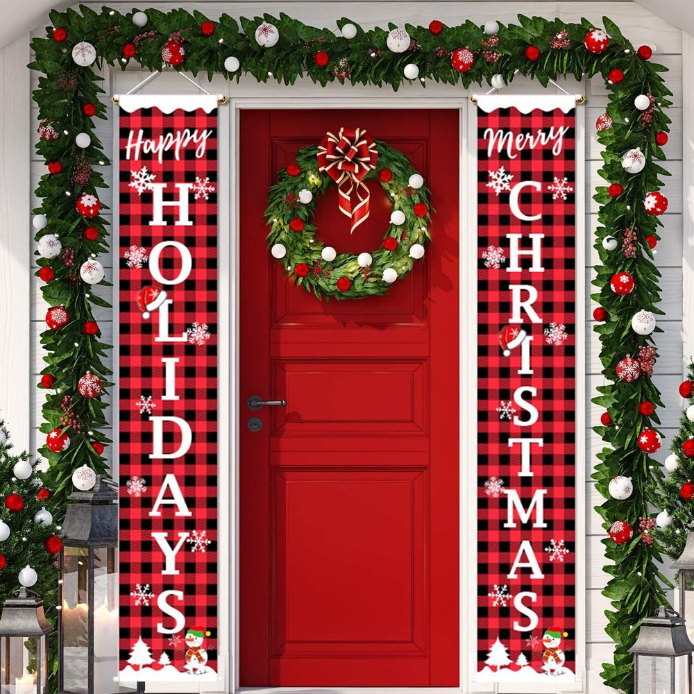 Christmas Decor Porch Sign Merry Christmas Banner Happy Holidays &amp; Merry Xmas Red Black Buffalo