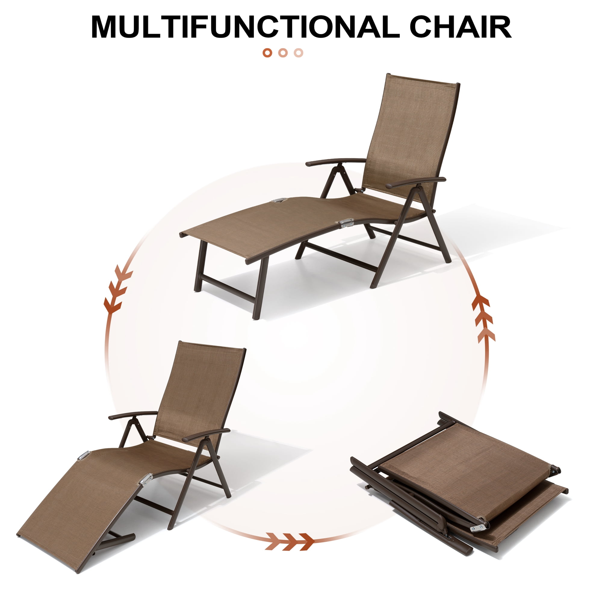 Crestlive Products Brown Outdoor Folding Patio Chaise Lounge Chair, Aluminum Recliners and Table Set