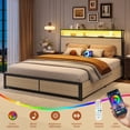 thumbnail image 6 of Bolvdo Rustic Queen Size Bed Frame with LED Lights, Bookcase Headboard & Storage Drawers, Metal Support, No Box Spring Needed, Beige, 6 of 7