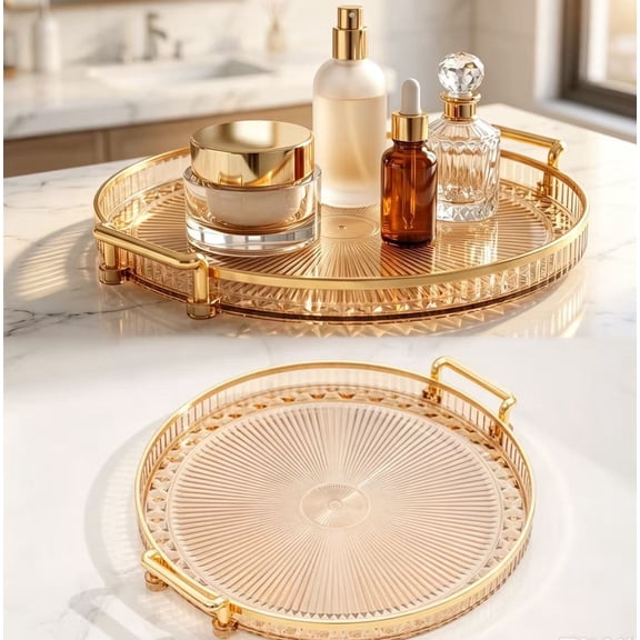 Gaoxin Acrylic Round Serving Tray with Handles, for Coffee Table Decor, Cutlery, Kitchen Countertop, 10.6x11.8x1.4in