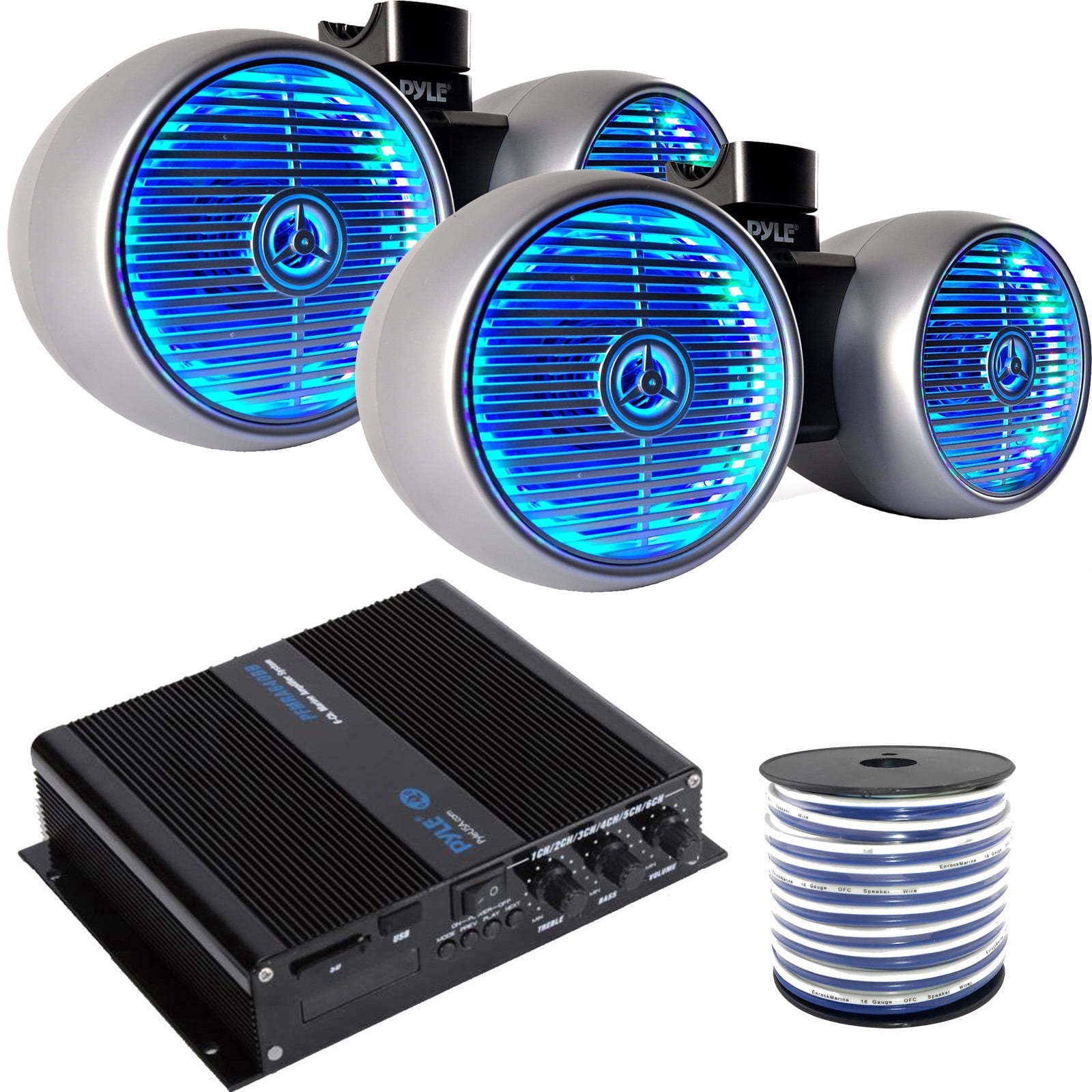 4 x Pyle 8" 600 Watt Marine Silver Wakeboard Multicolor LED Tower