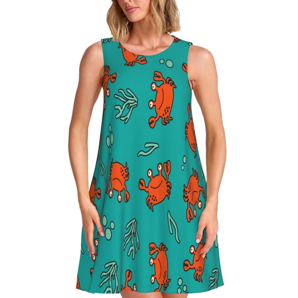 Fotbe Colorful Crab Vestido de Verano sin Mangas para Mujer – Vestido Midi Línea A, Estilo Camiseta Floral, Vestido Playero Casual y Fluido