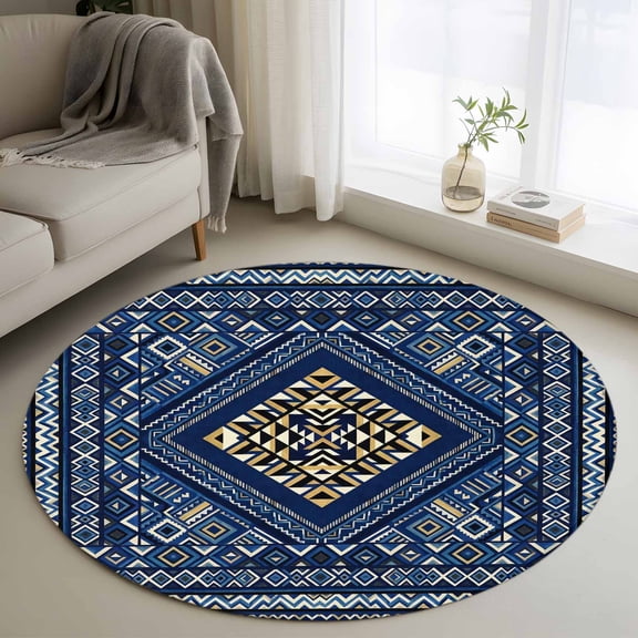 Boho Navy Blue Brown Round Area Rug 4Ft Washable Circle Rugs for Bedroom Dining Room, Ethnic Southwest Abstract Geometric Non-Slip Carpet Floor Mats Indoor Outdoor Carpet Runner Aesthetic Home Decor