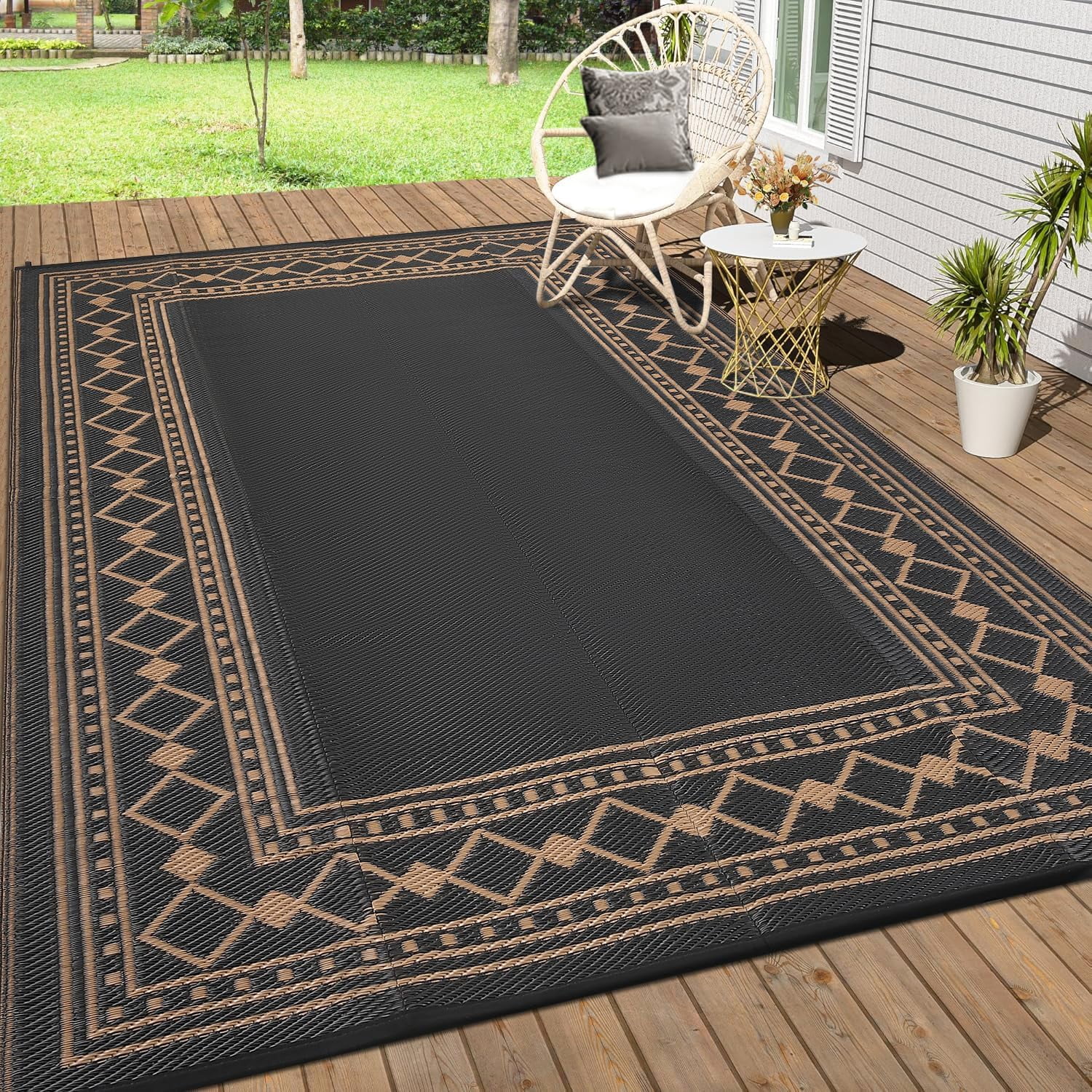 Funslane 9' x 18' Waterproof Outdoor Rug, Reversible Plastic Straw Patio Mat, Easy to Clean & Portable, for Deck, RV, Camping & Balcony, Black/Brown