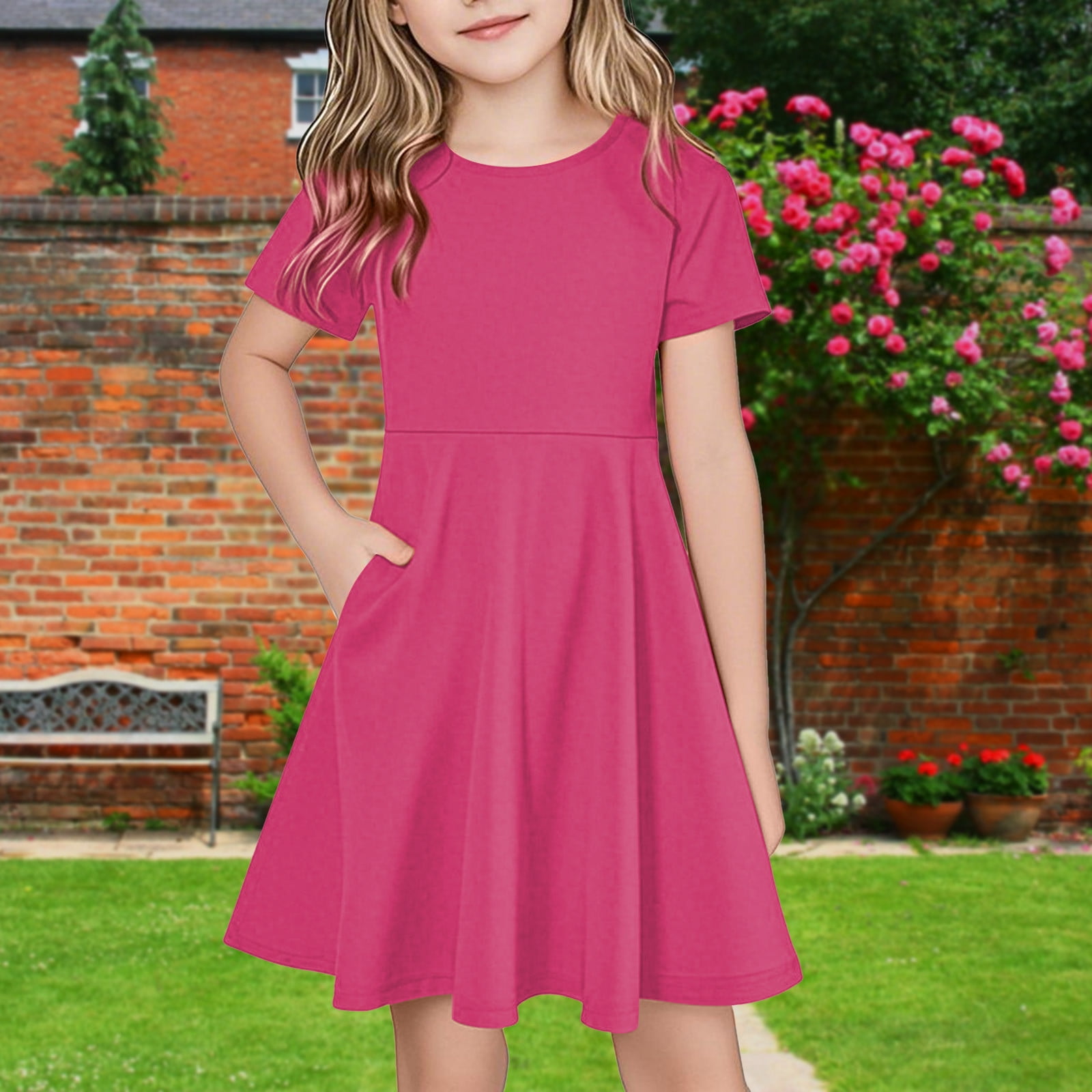 Spazoro Toddler Girls A-Line Dress Round Neck Floral Print Short Sleeve Casual Princess Dresses for Child Girls Hot Pink Size 11 T