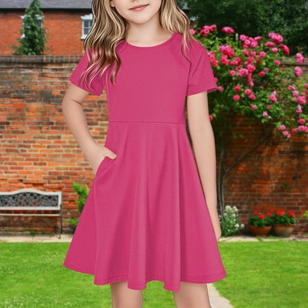 Spazoro Toddler Girls A-Line Dress Round Neck Floral Print Short Sleeve Casual Princess Dresses for Child Girls Hot Pink Size 11 T