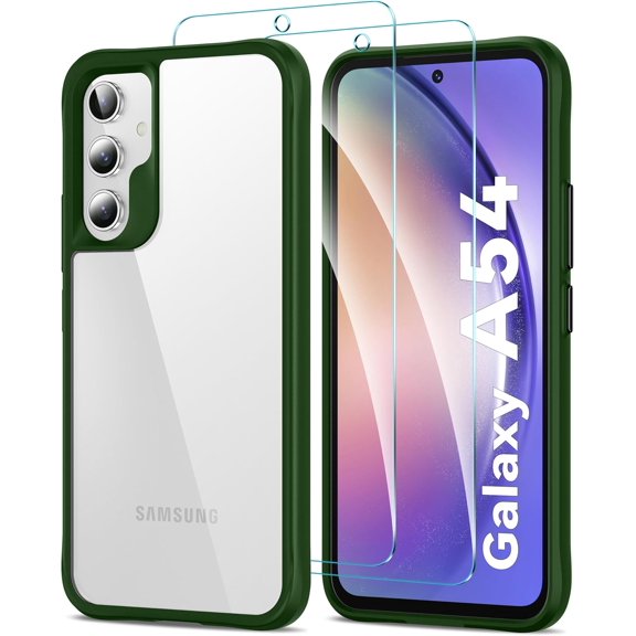 Case for Samsung Galaxy A54 5G with 2-Pack Tempered Glass Screen Protector Film, [Anti-Yellowing] Anti-Scratch Transparent Hard Back and Soft Edge Protective Phone Cover - Green