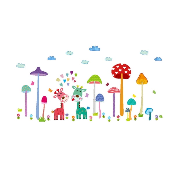 Pegatinas de pared de jirafas y hongos de colores para habitaciones infantiles, decoración del hogar, calcomanías de animales de dibujos animados.
