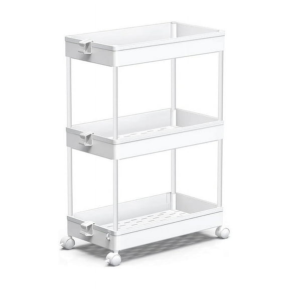 LLMRR 3 Tier Rolling Storage Cart, Bathroom Storage Cart with Lockable Wheels, Storage Organizer, Mobile Shelving Unit Cart for Bathroom, Laundry Room, Kitchen and Office, White