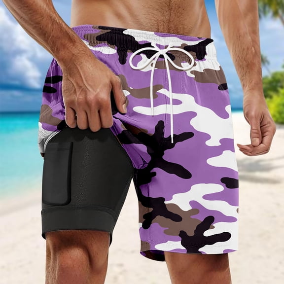 Mens Swim Trunks Camo Breathable Board Shorts Summer Stretch 5 Inch Beach Shorts with Compression Liner Purple L
