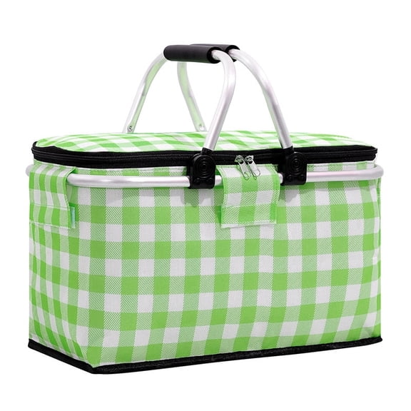 Insulated Picnic Basket, Collapsible Market Basket (Yellow Grid) | 30L Large, 2 Sturdy Handles, with Lid, Storage Basket for Picnic,for Food Delivery,Take Outs,Market Shopping,Travel