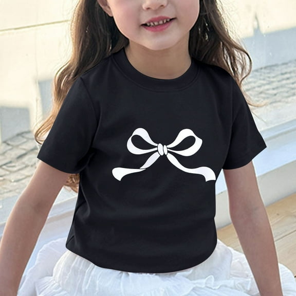 piuwrlz Kid Short Tops for Girls Short T-Shirts Sleeve Printed Bow-knot Round Neck Blouses T Shirt Top Black Size 110