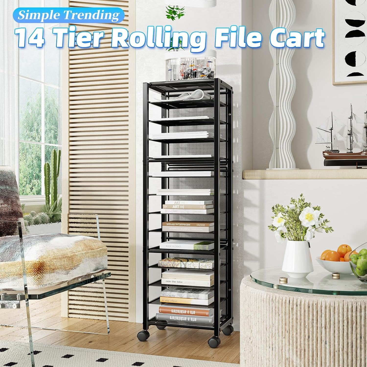14 Tier Rolling File Cart, Desk File Organizer with Sliding Trays and Wetal Mesh Paper Letter Storage Multi-Functional Rolling Clutter Cart for Office, Home, School, Black