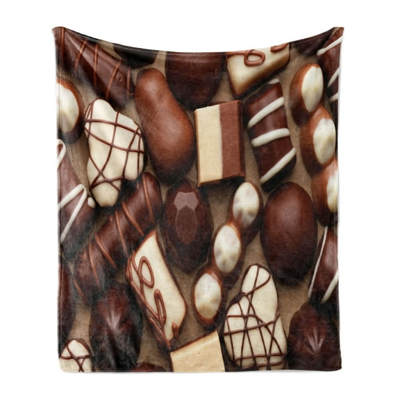 Chocolate Soft Flannel Fleece Throw Blanket, Chocolate Candy Sweets Truffles Gourmet Delicious Dessert Close-up Photo, Cozy Plush for Indoor and Outdoor Use, 70" x 90", Dark Brown Ivory, by Ambesonne
