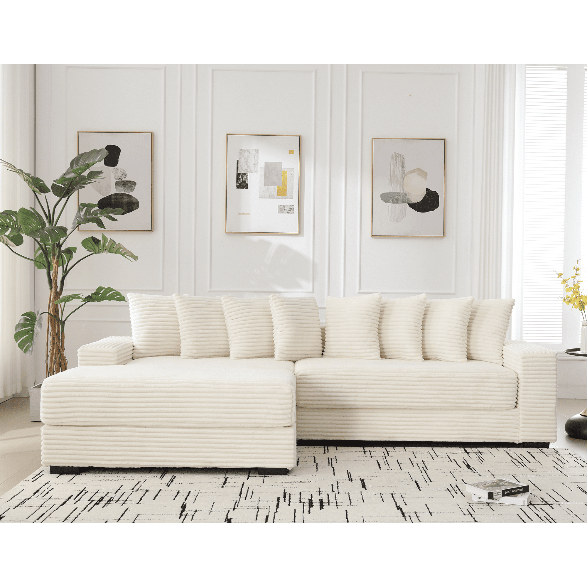 AISWORD 111" Oversized 3-Seat L-Shaped Sectional Sofa with Left Chaise, Luxury Corduroy Fabric Modular Couch with 8 Throw Pillows, Easy Assembly for Living Room