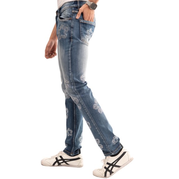Men's Rhinestone Slim Straight Stretch Denim Jeans - Blue, Waist 32
