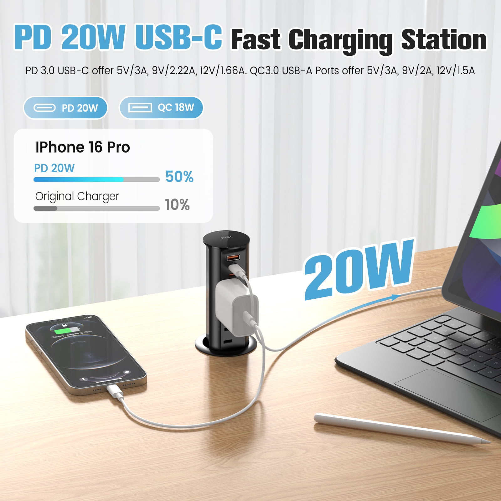 VILONG Desk Pop up Outlet Box Power Strip with 20W USB-C Fast Charging, Recessed Socket Retractable Design for Kitchen Island, Countertop,  ETL Listed, Black
