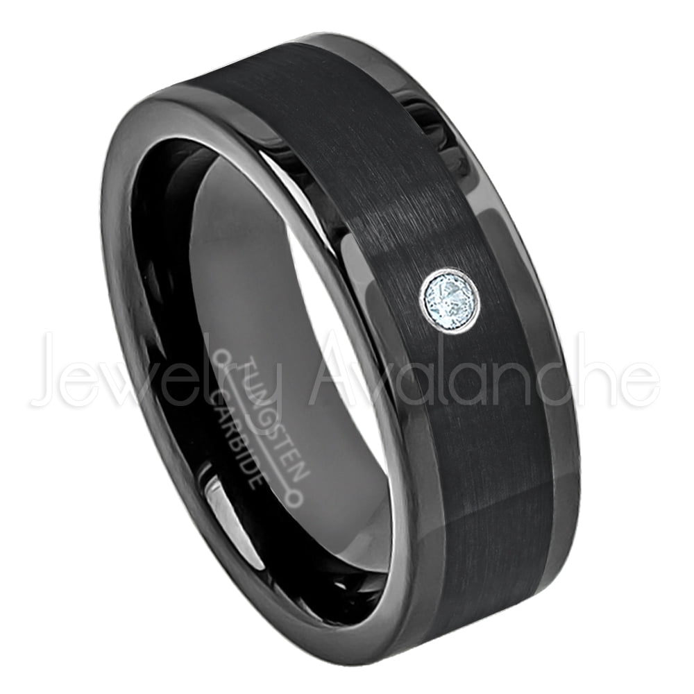8MM Comfort Fit Polished Black Ion Dome Tungsten Carbide Wedding Band March Birthstone Ring Jewelry Avalanche 0.07ct Aquamarine Tungsten Ring