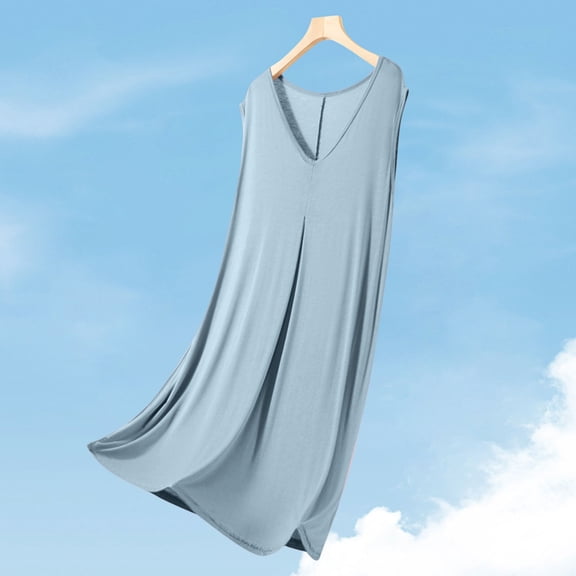 Blmnix Bamboo Nightgown Womens Sleep Shirts Sleep Tanks Lightweight Nightgowns Nightgown Blue V-Neck Sleeveless Knee Length Oversized Sleep Shirts for Women