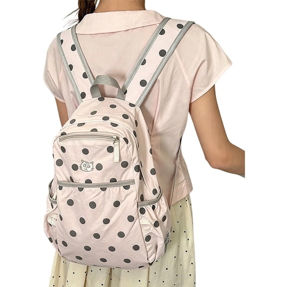 Polka Dot Nylon Daypack, Multi Pocket Casual Backpack, Ultra Lightweight Large Capacity Bookbag for Daily Commute Campus Travel