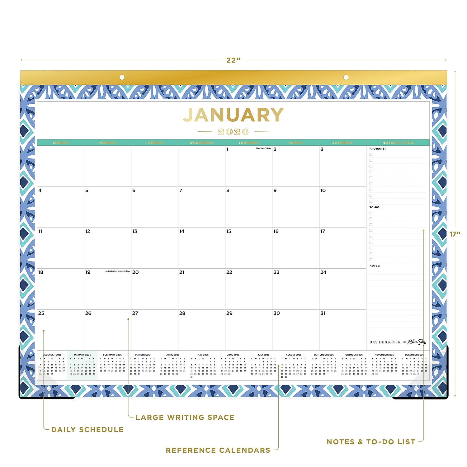 22 in. x 17 in. 12-Month (Jan to Dec): 2026 Tile Monthly Desk Pad Calendar - Geometric Artwork, White/Blue/Green Sheets